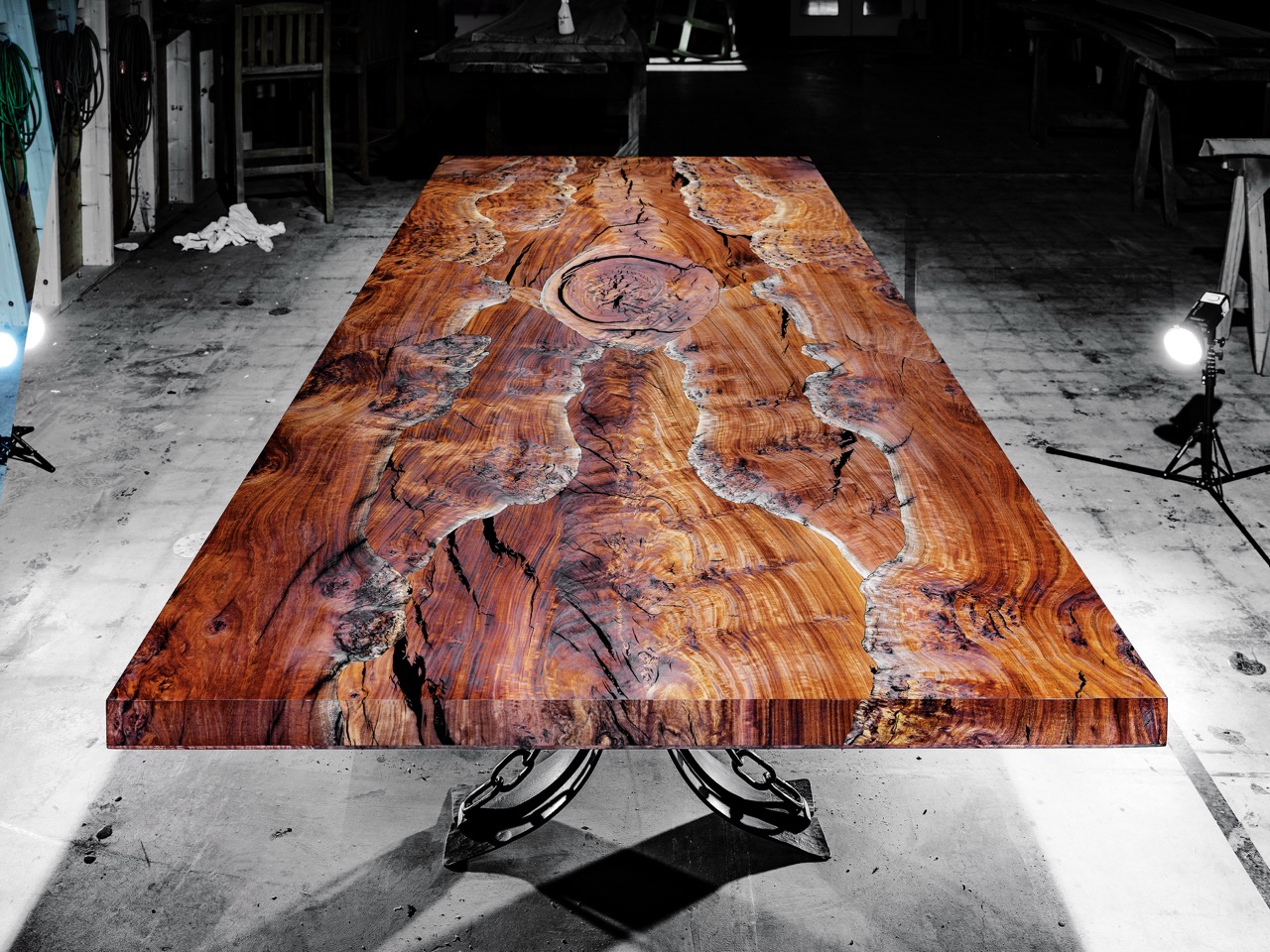 Eucalyptus Burl Top Puzzle Dining Table | Ironwood Mills Furniture