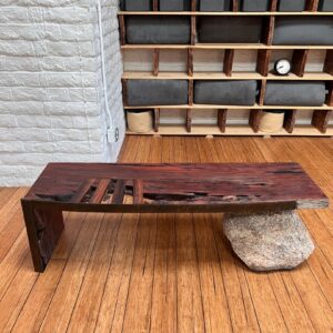 Unique Eucalyptus Waterfall Bench with Wood Inlay, Steel Front, and Boulder