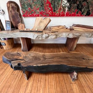 Description Acacia log bench with steel or wood legs